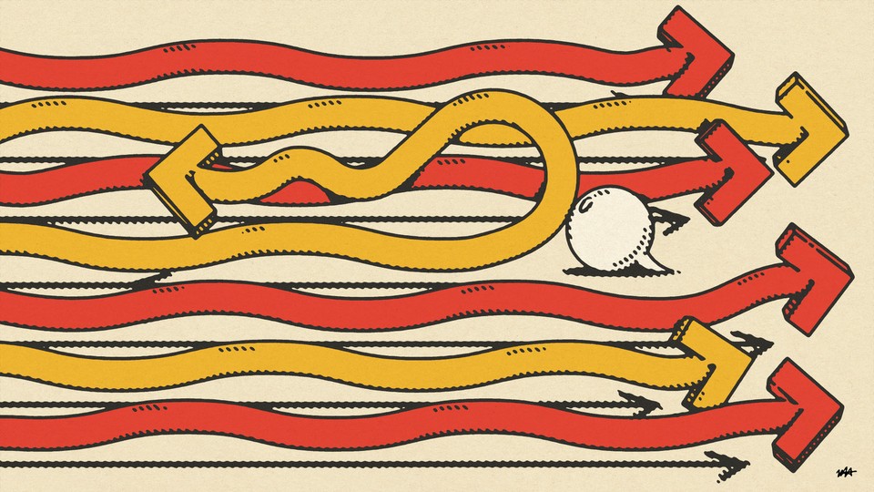 An illustration showing one squiggly arrow going against the stream.