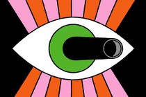 illustration of an eyeball with rays coming out and the barrel of a cannon poking out of the pupil