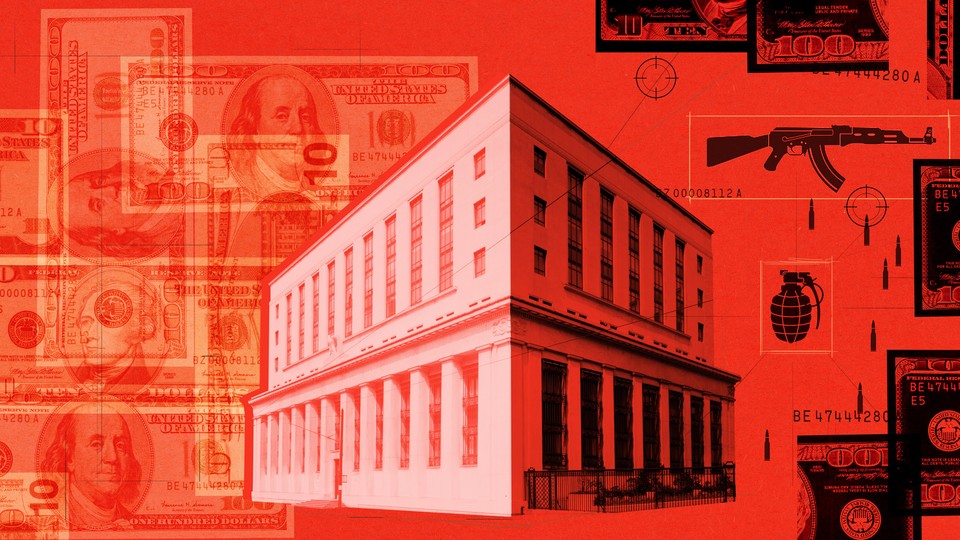 An image of a building between collages of bills and weapons