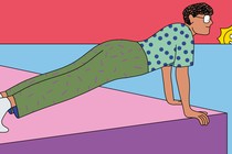 Illustration of a man in push-up position with a smiling sun rising on the horizon behind him
