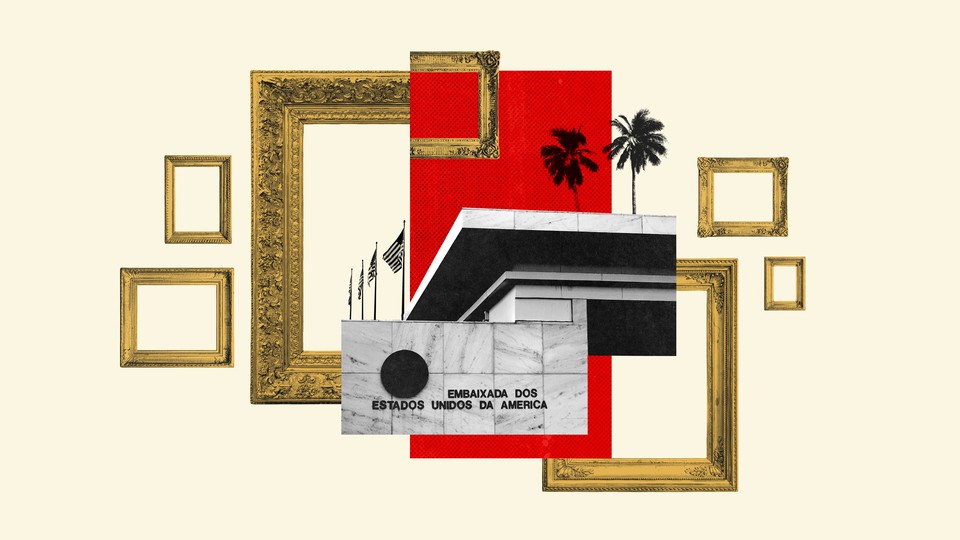 Abstract image of painting frames and a U.S. embassy