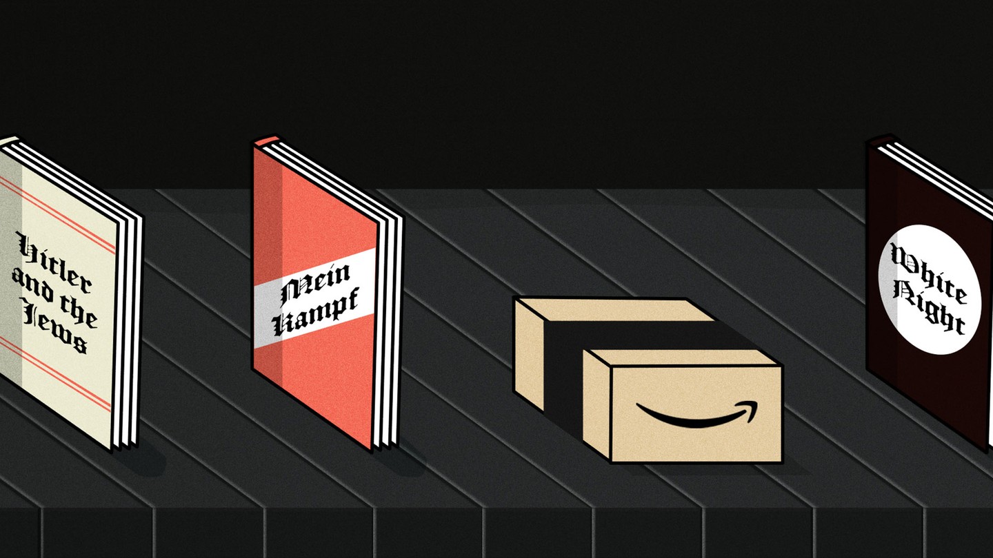 White-nationalist books on a conveyer belt with Amazon package