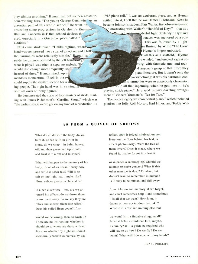 The original page of the poem with a blue collaged image of hands above the poem