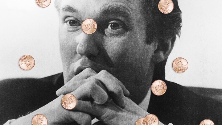 Donald Trump's face, with pennies floating around