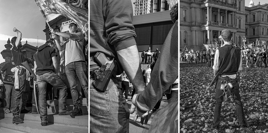 3 photos: men on steps, one holding flag; closeup of couple's arms holding hands next to a holstered pistol; man facing away toward crowd with long gun, pistol, and gas mask