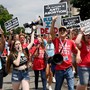 Anti-abortion campaigners celebrate in the streets of Washington, DC on June 24