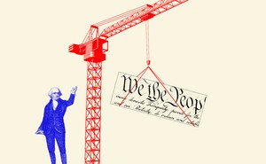 A photo illustration of a construction site, the Constitution, and a Founding Father