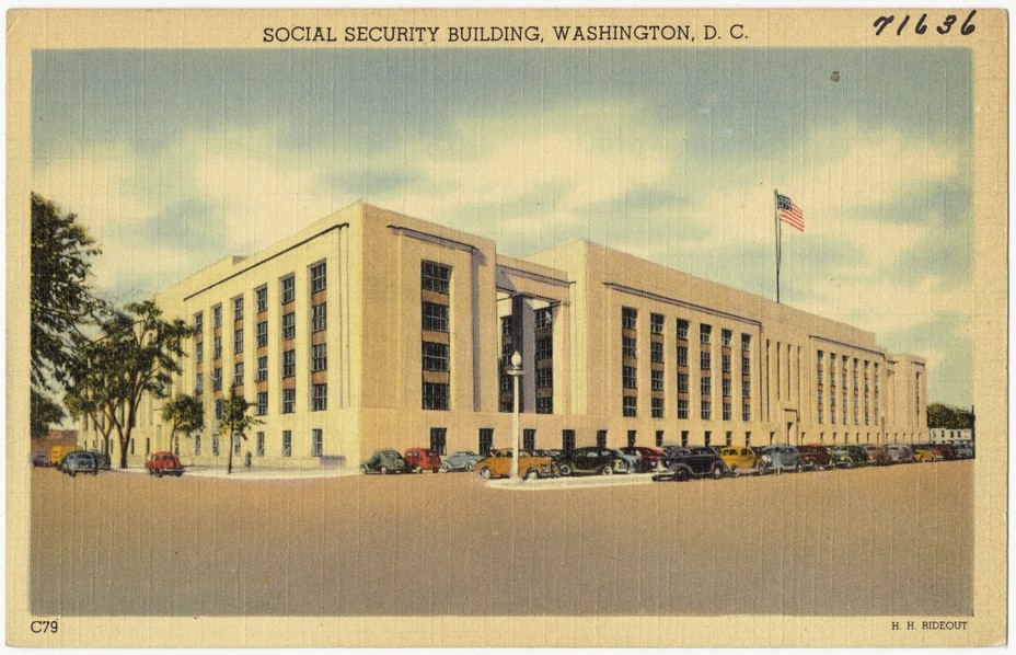image of color postcard labeled Social Security Building, Washington D.C. showing a long building with flagpole on top and row of cars parked outside