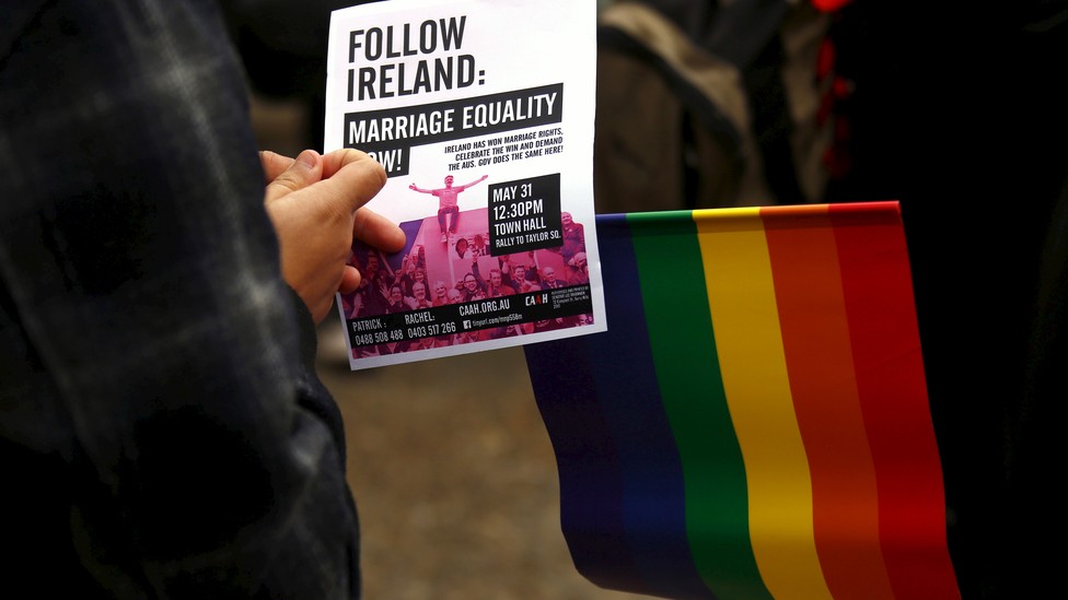 Activists hold signs in support of same-sex marriage in Australia.