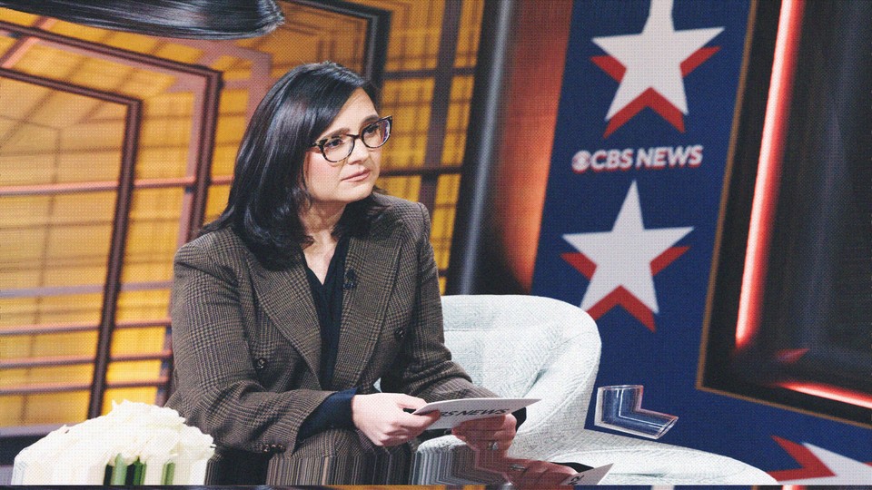 A subtly warped color photograph of Bari Weiss giving an interview with the CBS News logo in the background.