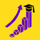 Illustration on a yellow background of purple bars increasing in height with a graduation cap atop the tallest bar and an arrow pointing upwards as the bars grow