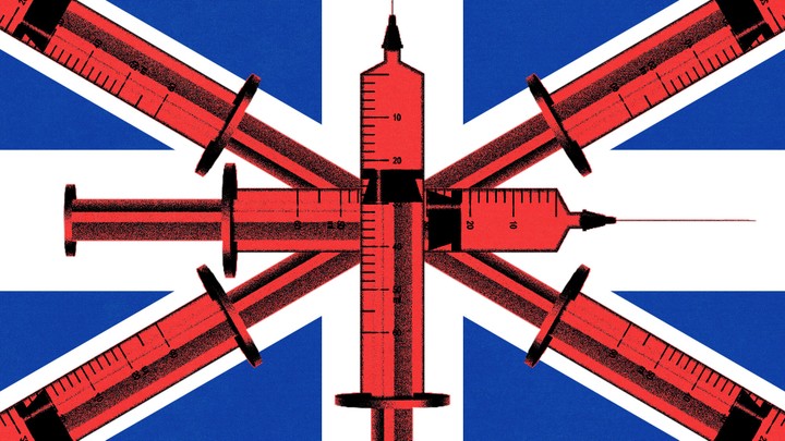 A stylized British flag, with syringes through the middle.