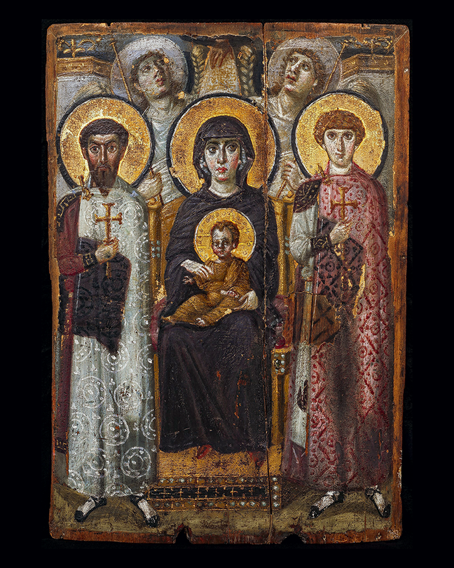 painting of 6 haloed figures: dark-haired Mary in dark cloak holding infant Jesus on lap, flanked by two men holding crosses, with two angelic figures behind looking at a hand reaching in from top of image