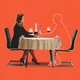 An illustration of a woman sitting at a table across from a silhouette from a man drawn with a dotted line.