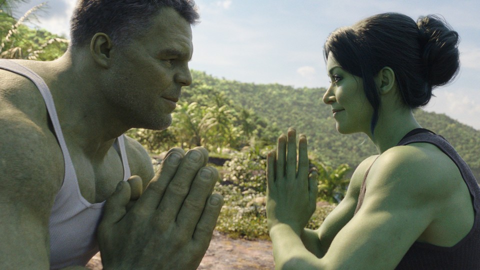 Mark Ruffalo and Tatiana Maslany in Marvel's She-Hulk: Attorney at Law