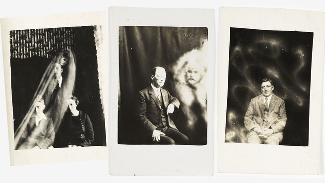 Three black-and-white photos of people sitting for portraits with hazy ghostlike figures surrounding each of them.
