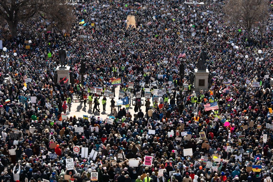 A large crowd of protesters pictured from above