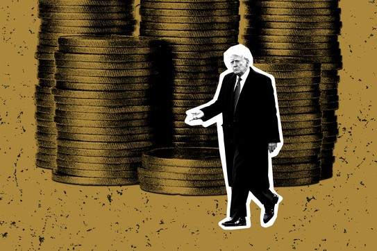 An illustration of Donald Trump walking past giant piles of coins