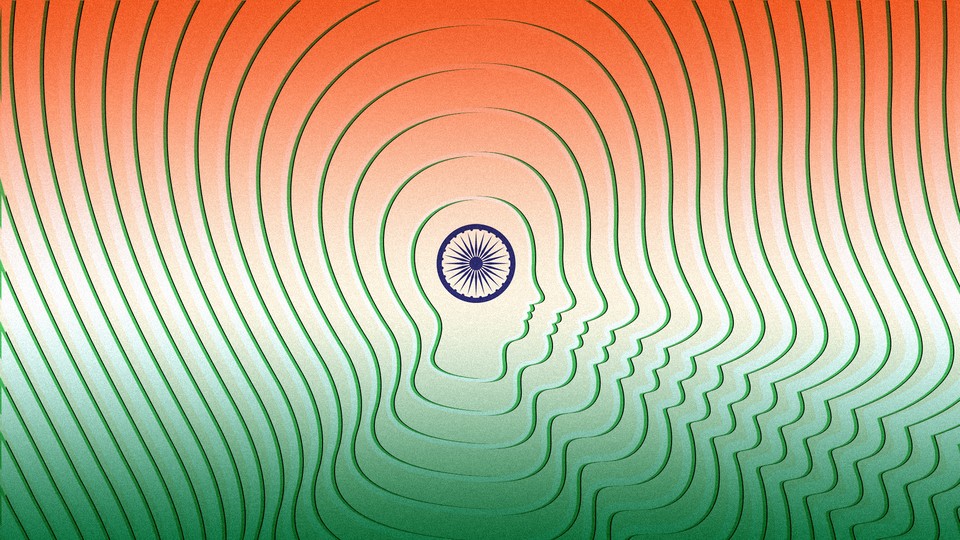 A repeating silhouette of a human face in the colors of the Indian flag