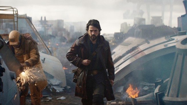 Diego Luna marching through a smoky landscape in "Andor"