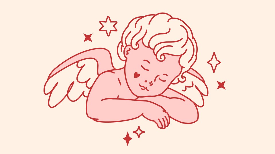 A tattoo-like drawing of a sleeping cherub with a heart under one eye
