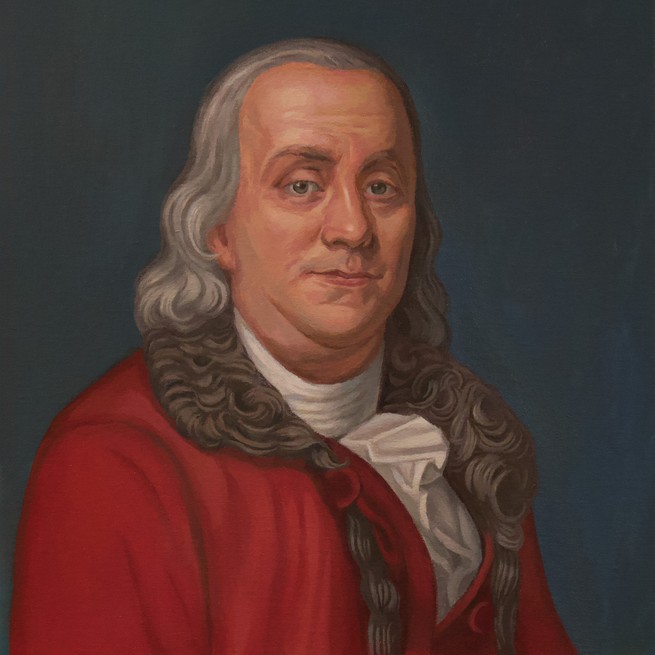 illustration of Benjamin Franklin seated with gray hair, wearing white shirt collar and red jacket with brown collar, in the style of an oil painting