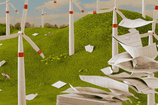 Illustration of paperwork being blown away in a wind farm