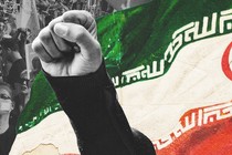 A collage shows an Iranian flag and a raised fist partly obscuring a black-and-white image of a protest.