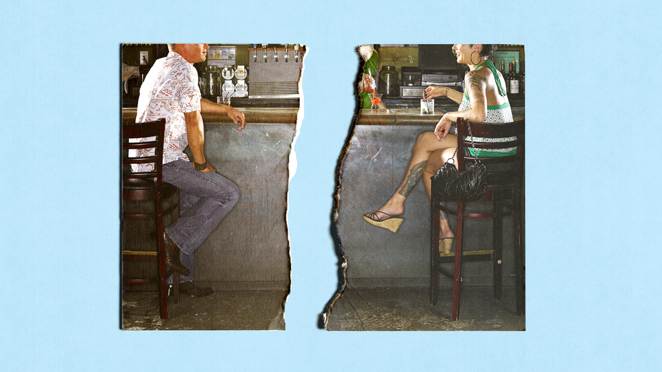 A torn photo of a man and a woman staring at each other at a bar