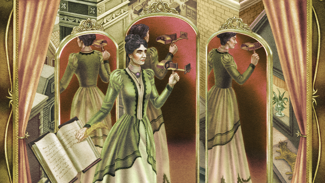 dark-haired woman in Victorian dress holding stereoscope and writing with quill pen in an open book, with 3-way mirror behind and framed by theatrical curtains