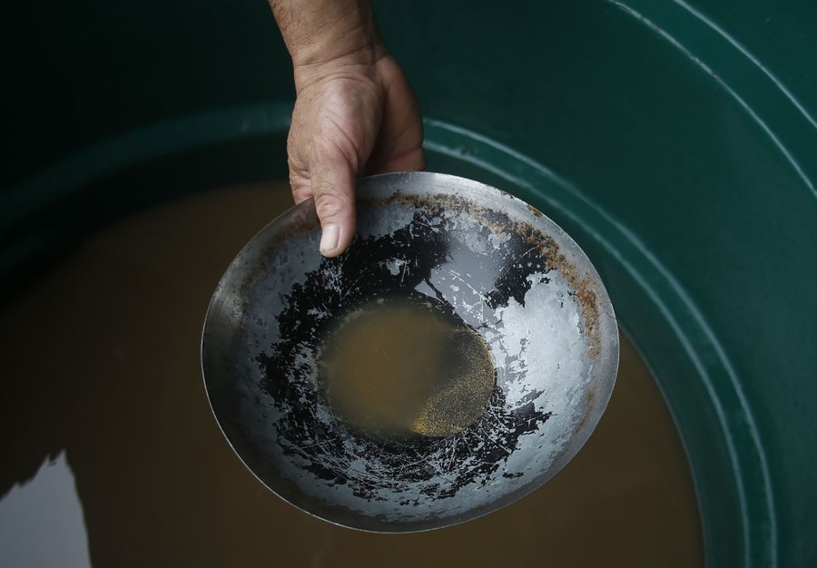 A person holds a shallow pan with some muddy water and flecks of gold in it.