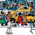 Illustration of a man walking from his bed to computer while imagining a crowded sidewalk in front of a taxi in front of a crowded bus in front of a crowded train