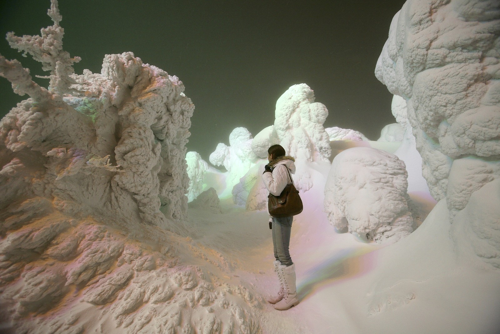 A person stands among small trees that are completely covered in snow and ice.