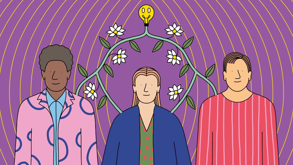 Illustration of three people connected by vines that plug into a light bulb with a happy face on it