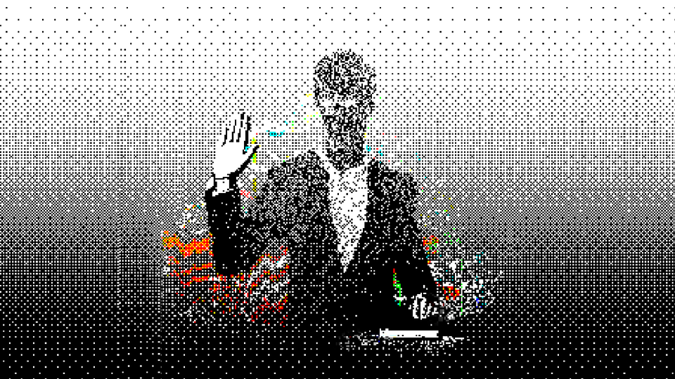 illustration of pixellated person taking oath with one hand raised