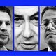 A triptych shows a close up of Benjamin Netanyahu's face flanked by those of Bezalal Smotrich and Itamar Ben-Gvir