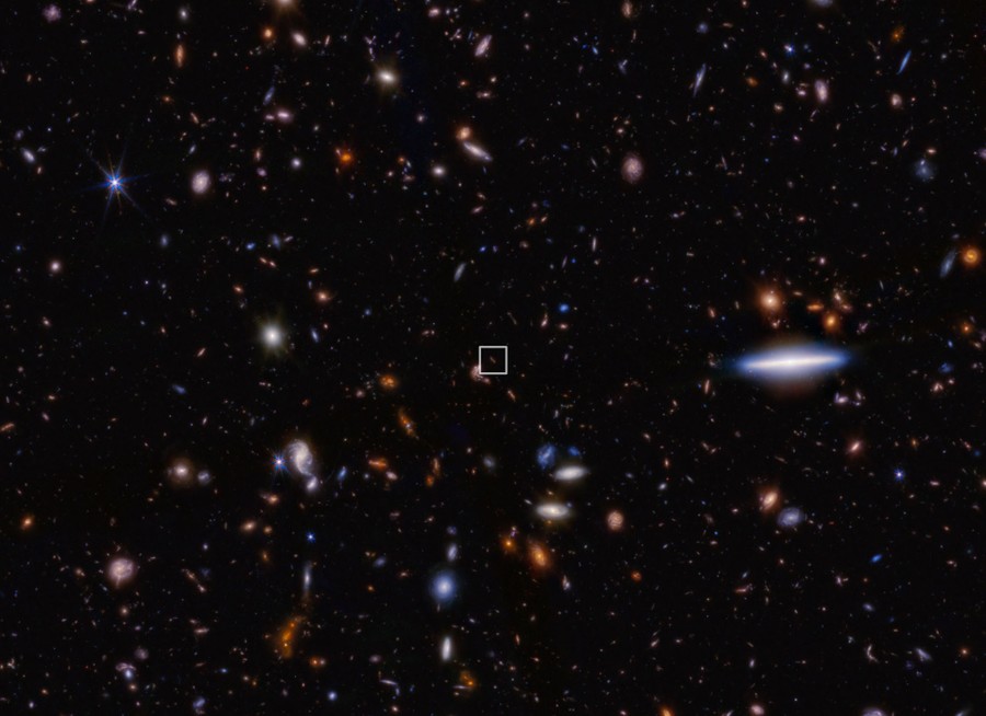 A field of thousands of small galaxies of various shapes and colors on the black background of space.