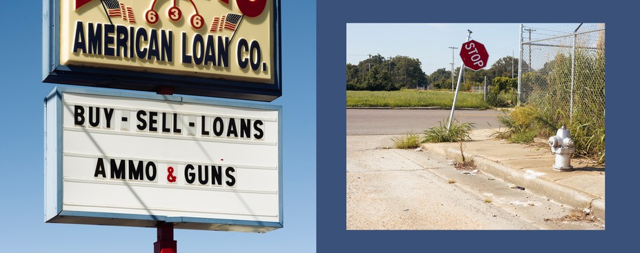 diptych:  a sign for guns and ammo ; a broken stop sign