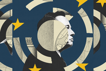 Black-and-white photo of Elon Musk in profile surrounded and half-obscured by broken stars and pieces of circle featuring a map of Europe and Greek columns