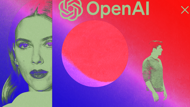 Photo collage of Scarlett Johansson, the OpenAI logo, and Sam Altman