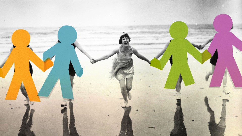 A woman on a beach holds hands with a group of her friends, who are blotted out by graphics.