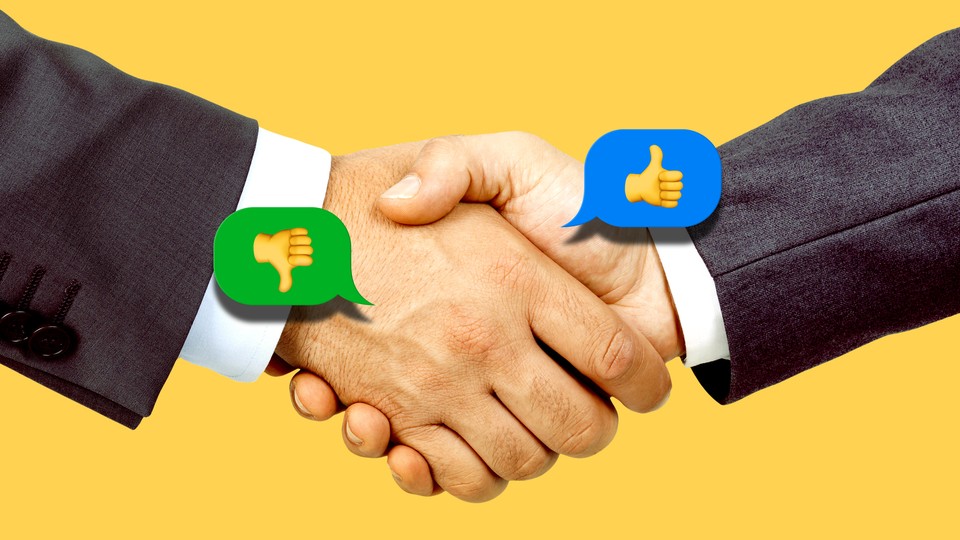 Two people in suits shaking hands. A thumbs up and thumbs down emoji are on top.