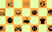 A chess checkerboard with various icons