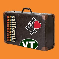 A suitcase with blue-state decals