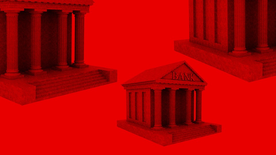 An illustration showing three banks set against a red background