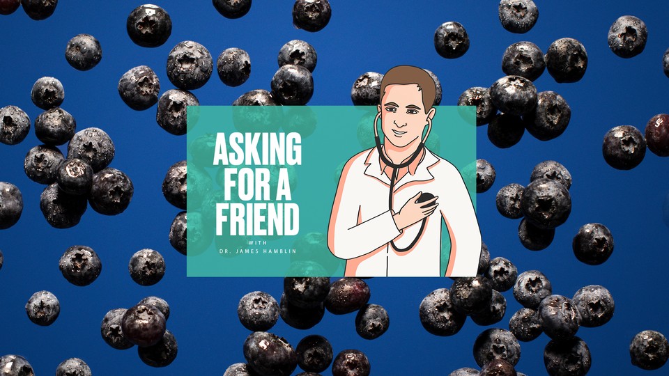 The "Asking for a Friend" logo over a photo of blueberries