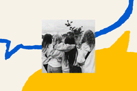 The outline of a blue speech bubble fills the top half of the screen. A second speech bubble is filled in all yellow on the bottom of the screen. In the middle of the two bubbles is a black-and-white photo of 4 college-aged women walking away from the camera. They are dressed casually with jeans and sweatshirts and each has hair that is a different color and texture hair from the others. They have their arms around one another. Their backs are to the camera.