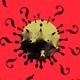 A coronavirus particle surrounded by question marks