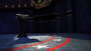 An empty TV stage for a presidential debate