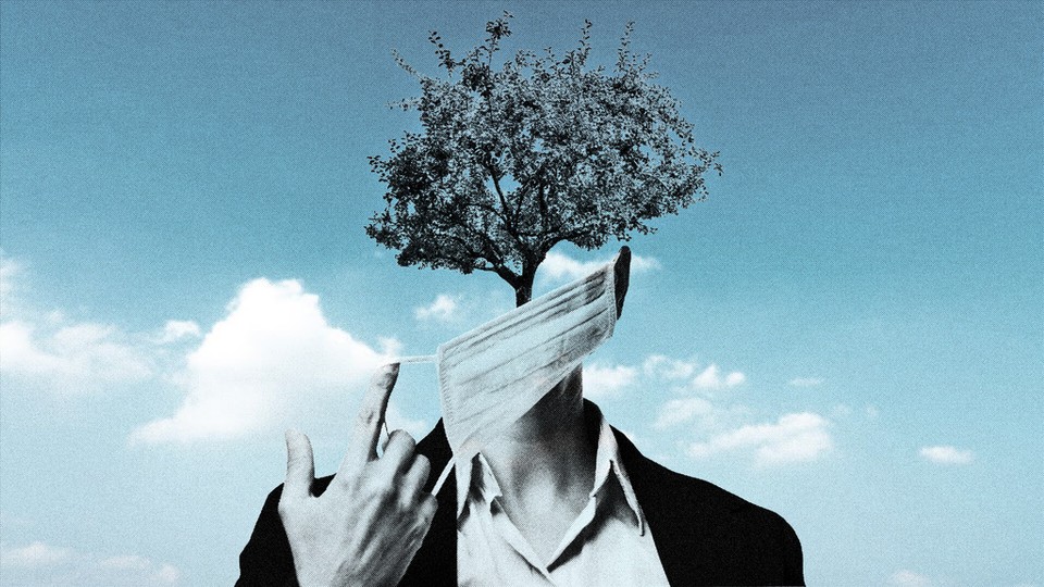 Illustration of a person who has a tree for a face wearing a mask.